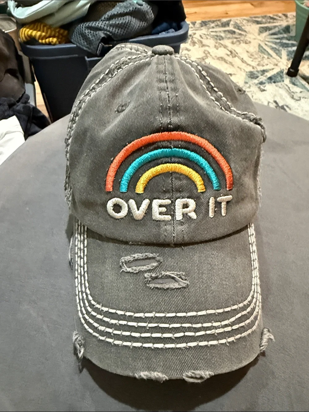 Women’s Gray Distressed Cap with Colorful Rainbow 